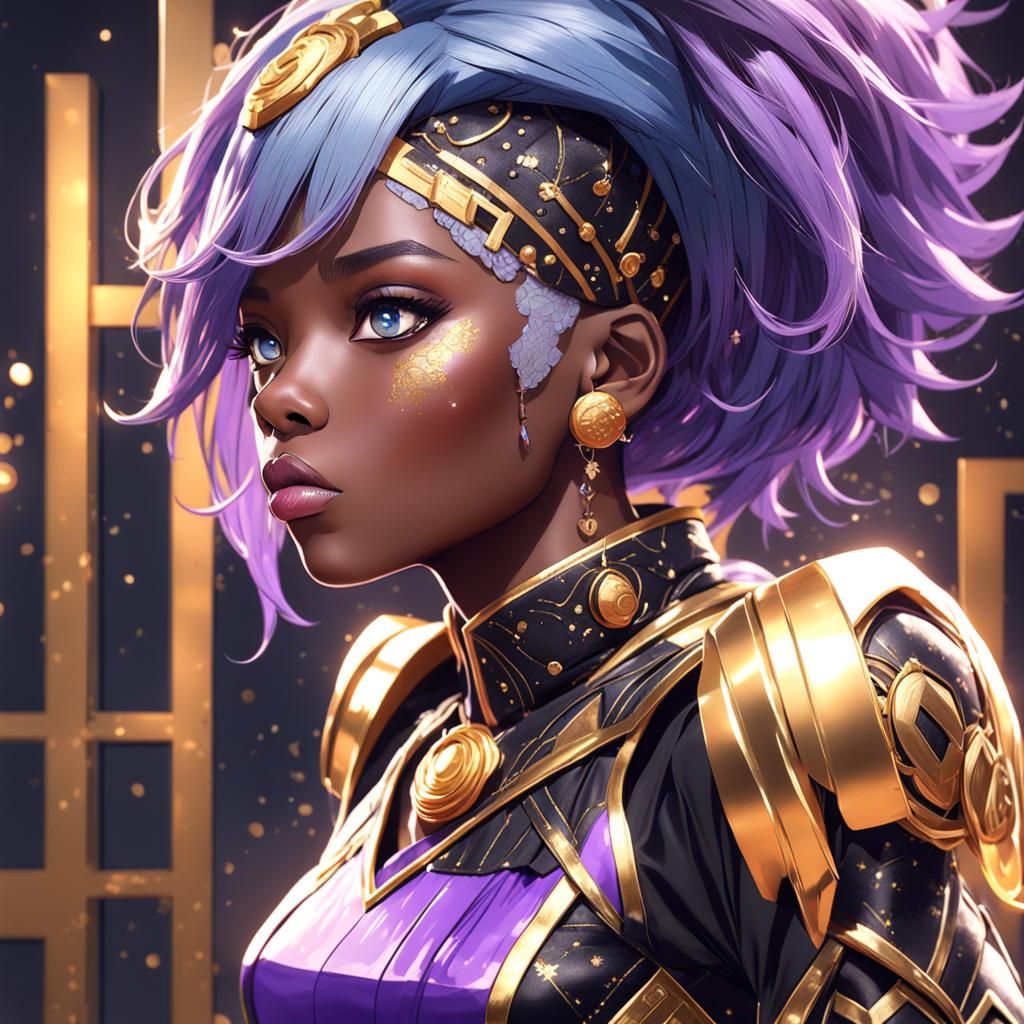 Anime Style Woman with Blue Hair and Gold Dress