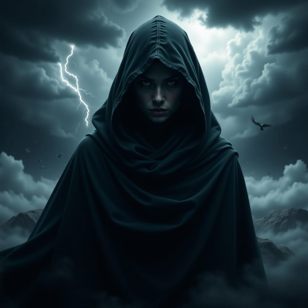 Sorrowful Woman Stands at the Edge of a Turbulent Stormy Lan...