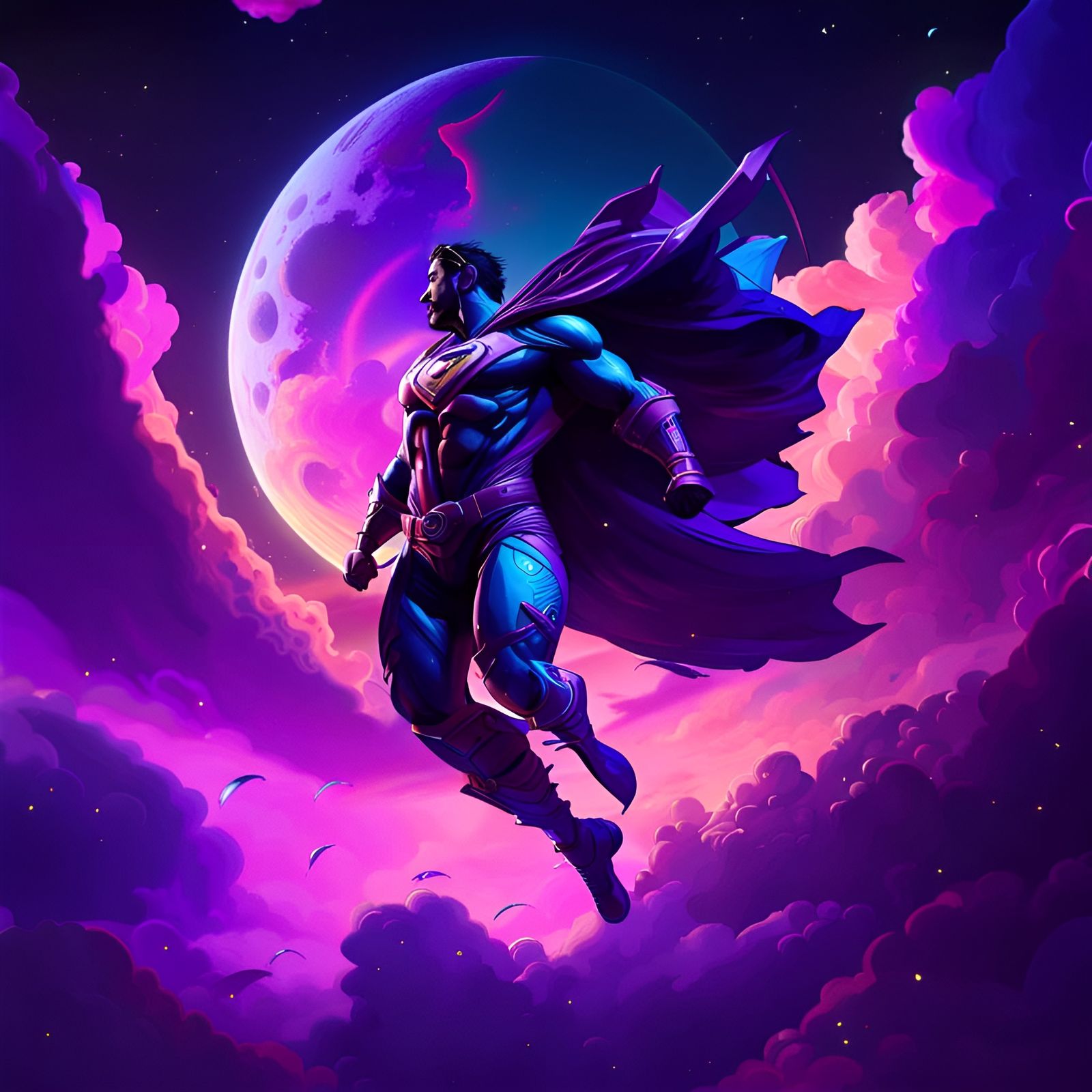 Superhero Flies Through Colorful Night Sky