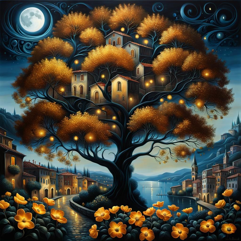 Italian Town at Night with Ethereal Moonlight