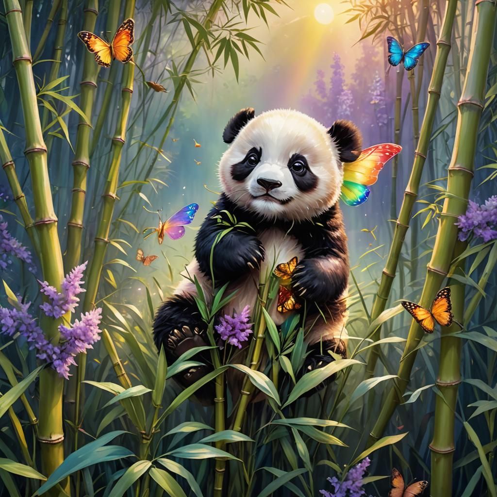 Panda with Butterfly Wings in Forest, Digital Art