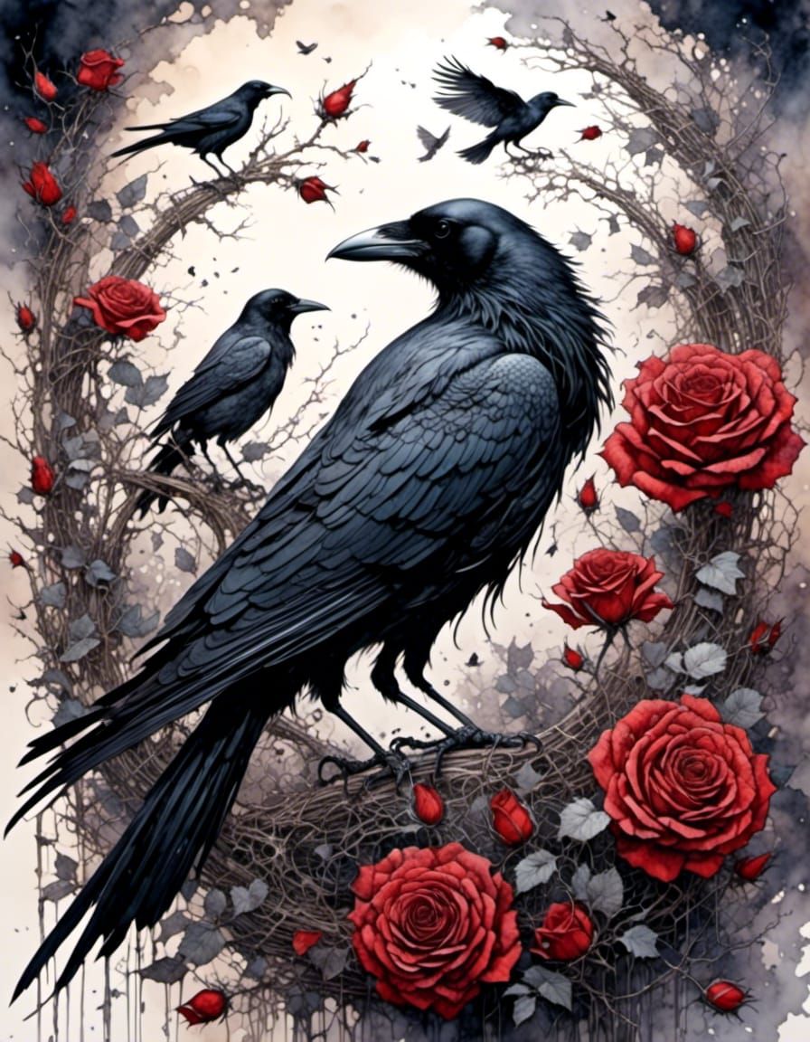 Crows and Roses in Intricate Ink Illustration
