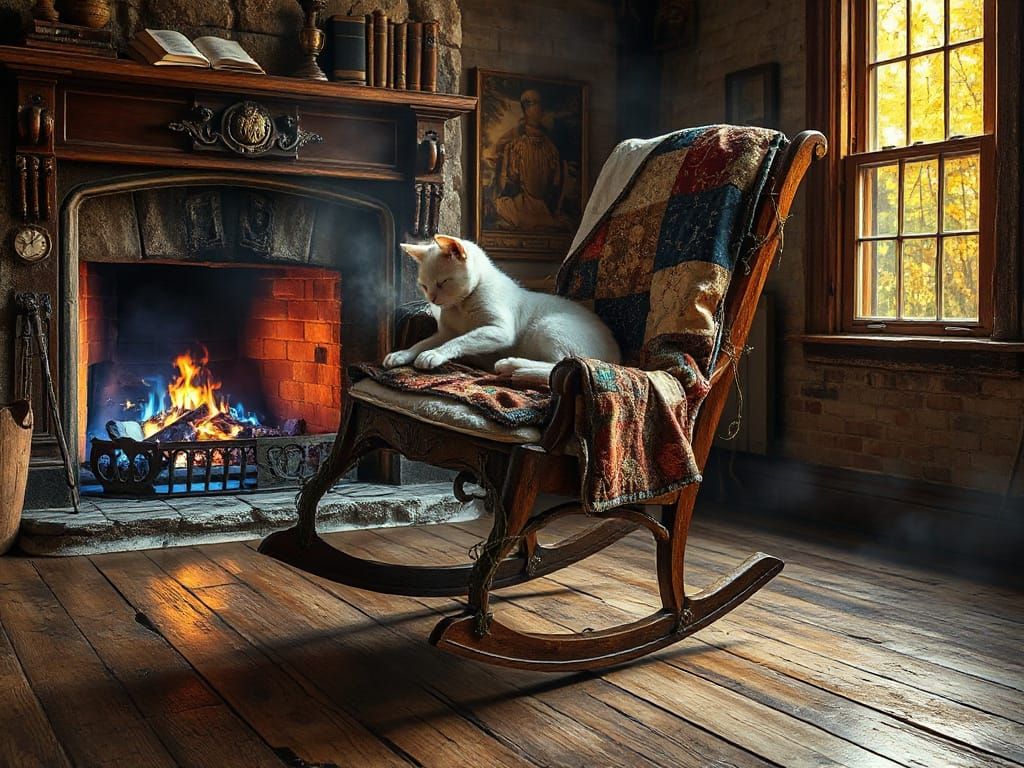 Levitating Rocking Chair with Blue Fireplace