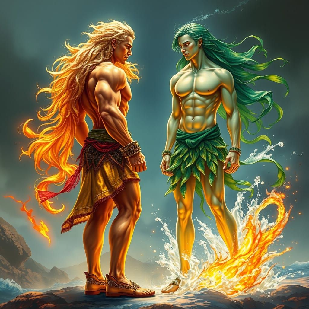 Fiery Warrior in Golden Armor Stands Opposite Majestic Water...