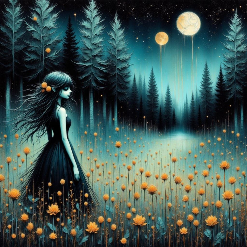 Magical Female Elf in Twilight Meadow as Wet Watercolour