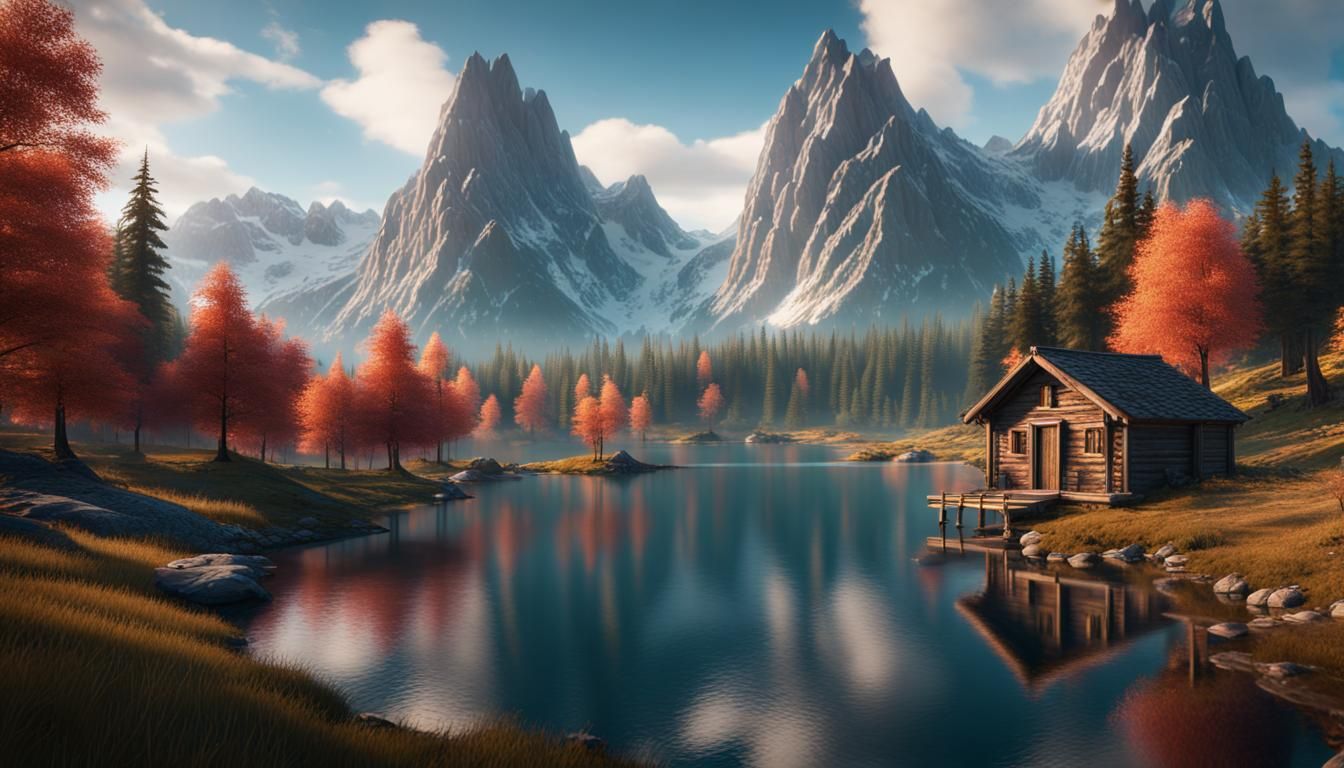 Cabin by Lake Under Mountains, Detailed Matte Painting