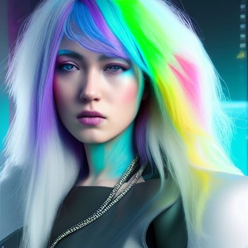 Hyperdetailed Cyberpunk Girl with Rainbow Hair, Cel-Shaded C...