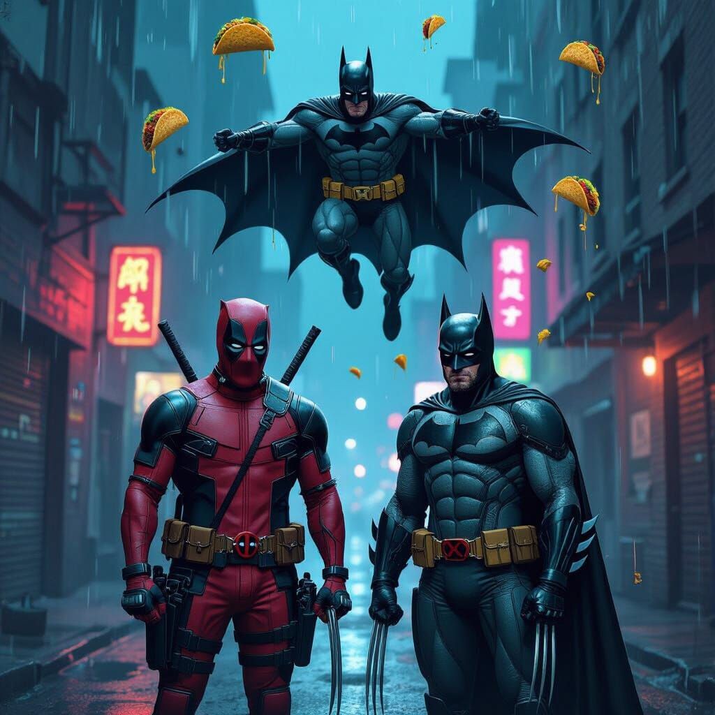 Deadpool Wolverine Batman Raining Tacos in Gritty Alley