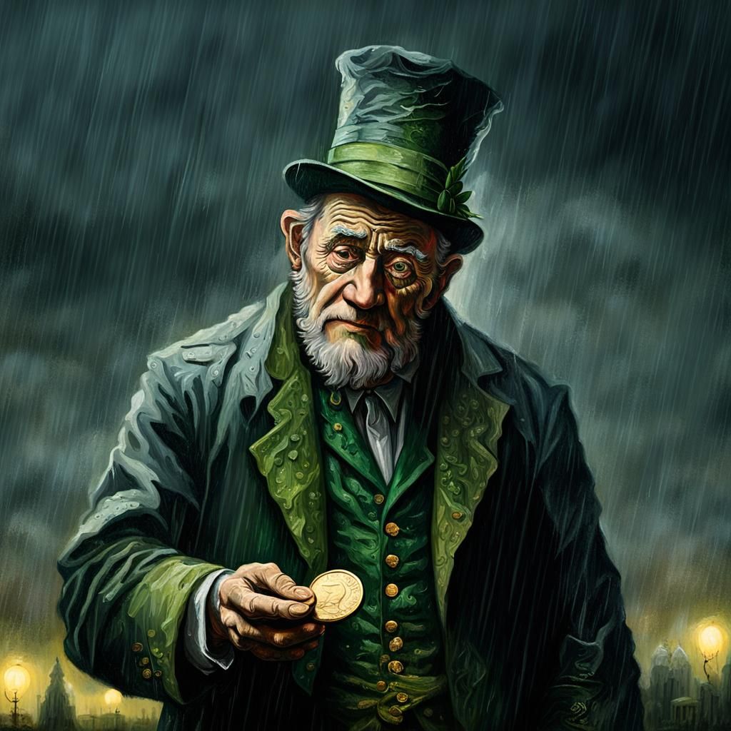 Leprechaun in Rain with Gold Coin: Baroque Painting
