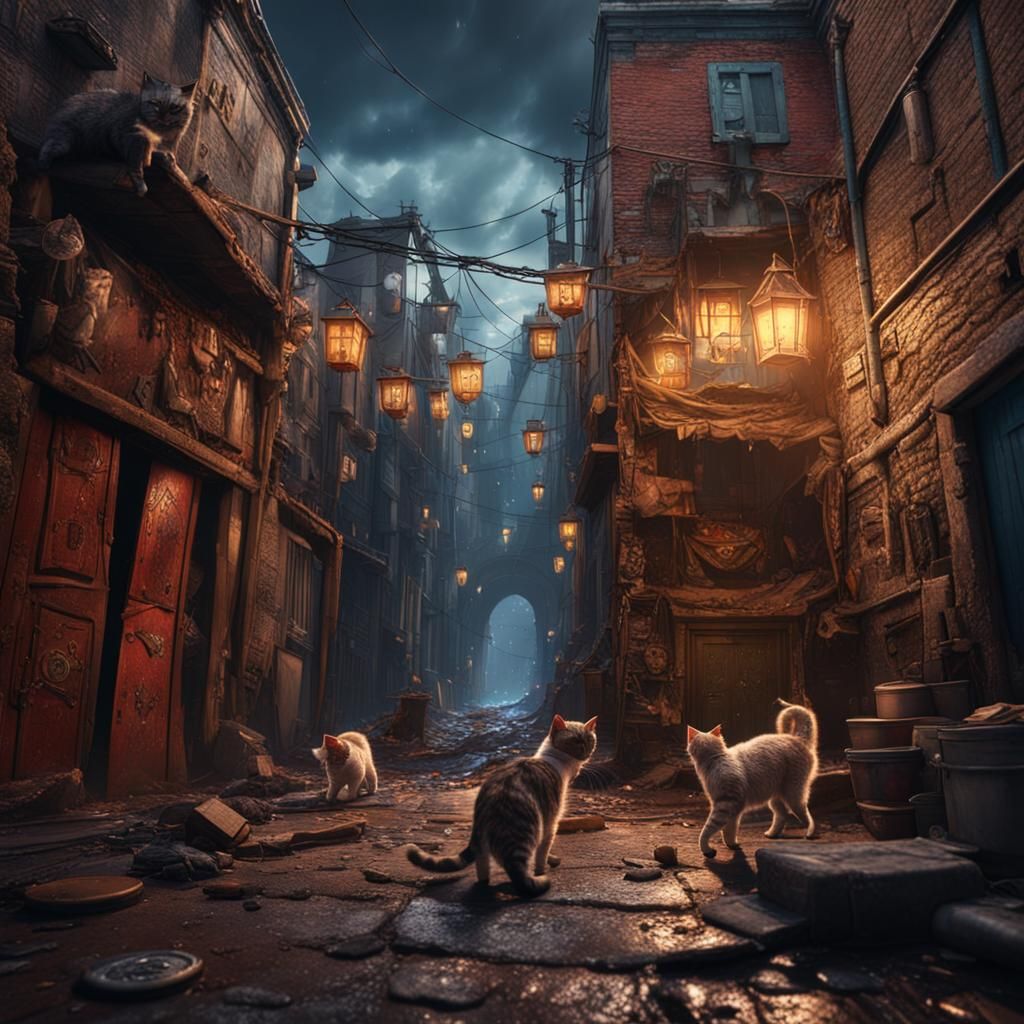 Cats Brawl in Rundown Alley: Detailed Matte Painting