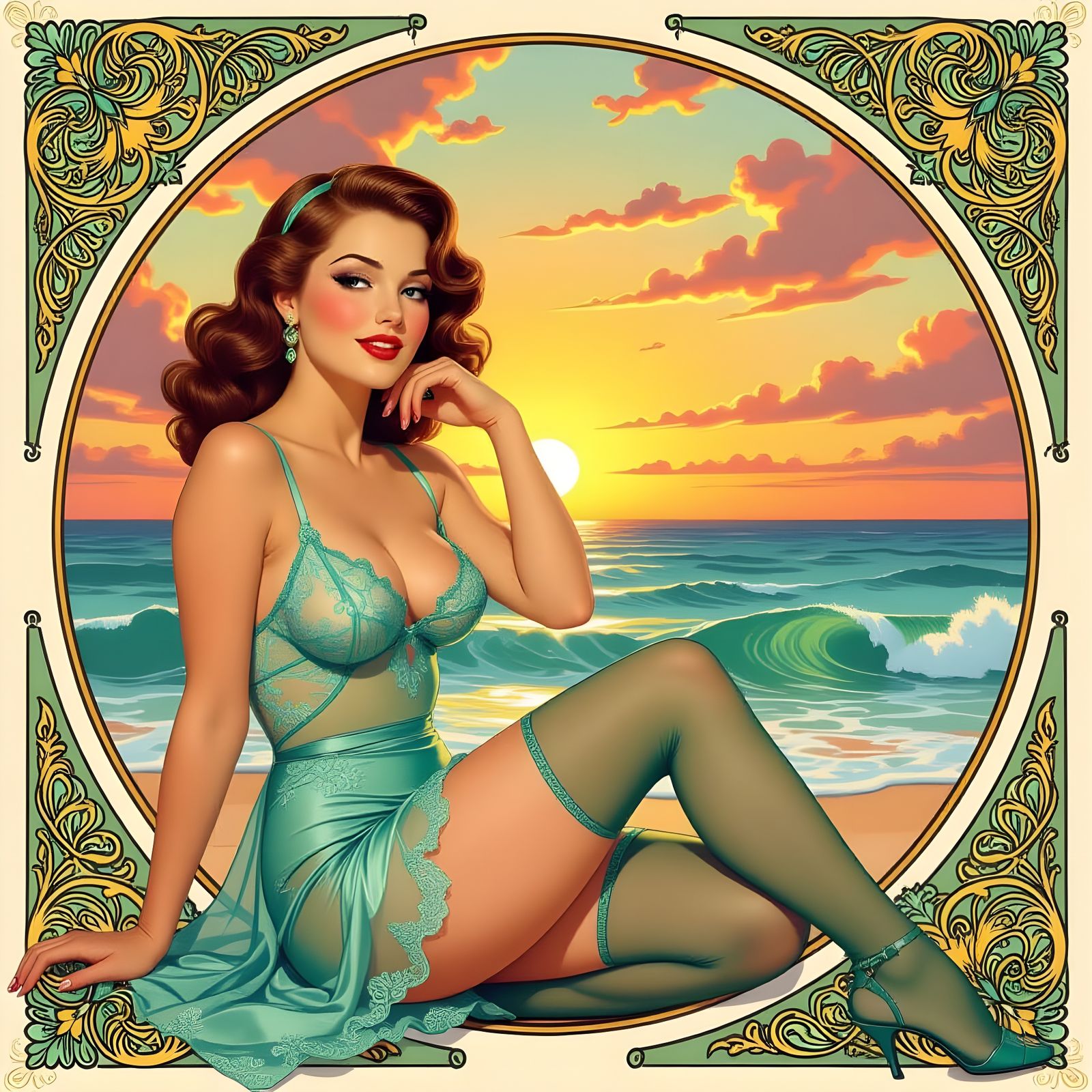 Aqua Lingerie Pin-Up with Mucha-Style Background