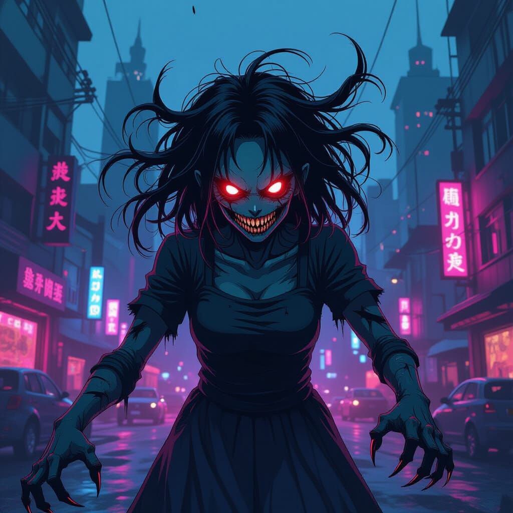 Terrifying Anime Mutant in Post-Apocalyptic Cityscape