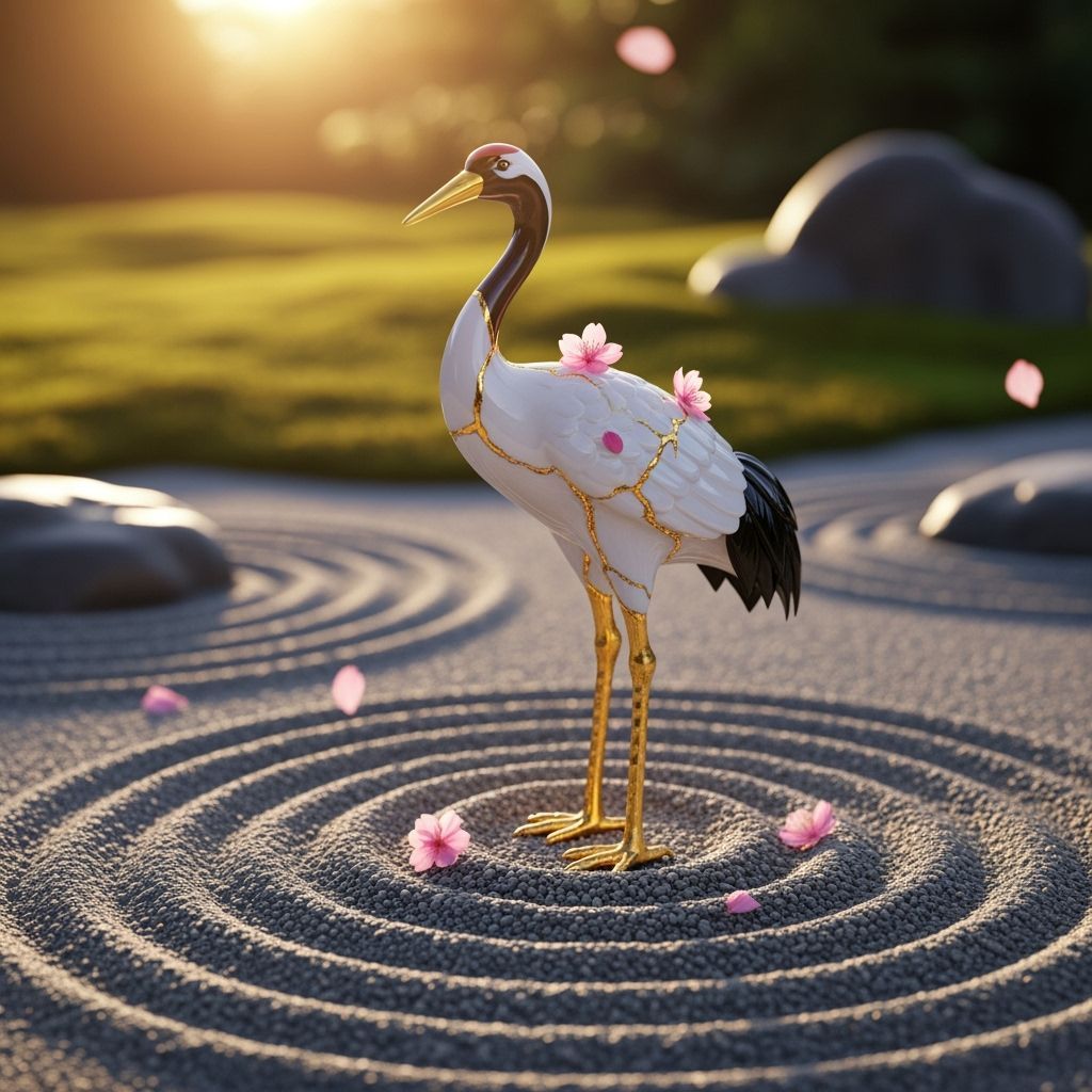 Kintsugi Porcelain Crane in Zen Garden