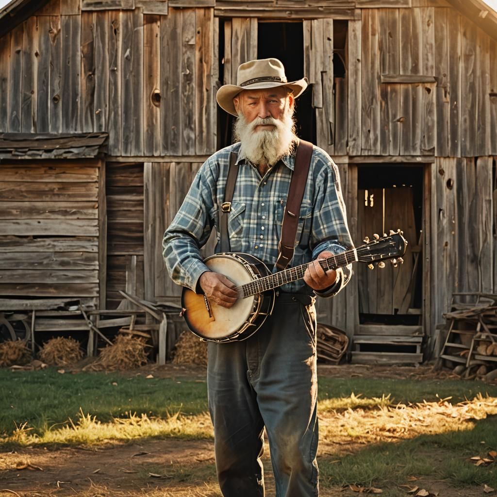 Hillbilly Banjo Player in Rustic Americana Scene