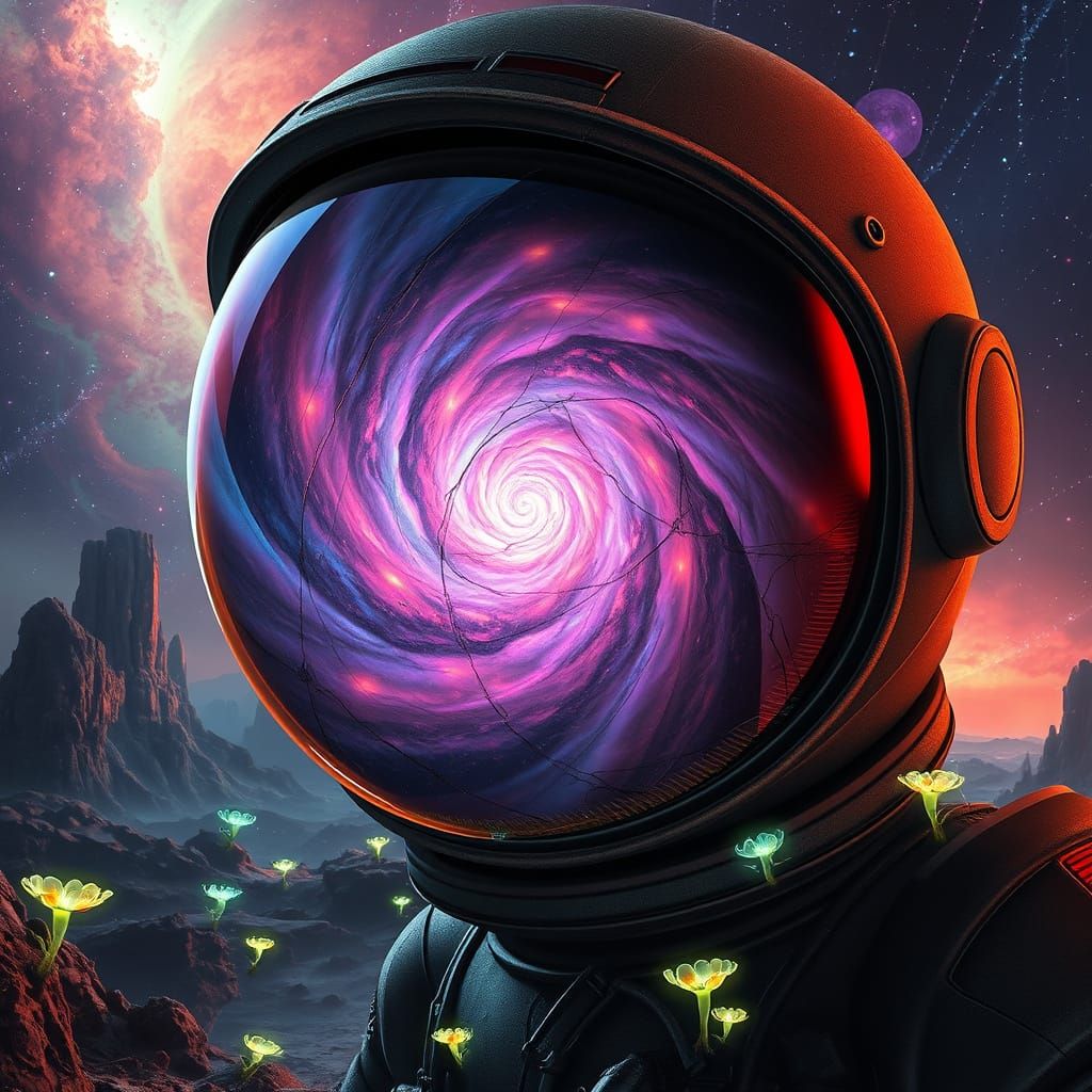 Astronaut Visor Reflecting Nebula on Alien Planet