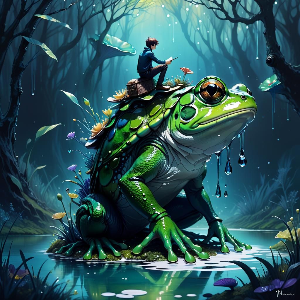 Boy on Fantastical Frog: Whimsical Alcohol Ink Sketch