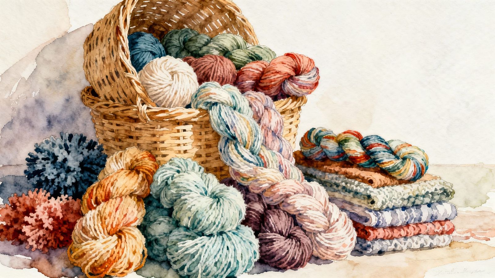 Vibrant Yarn Skeins in Watercolor Illustration Style