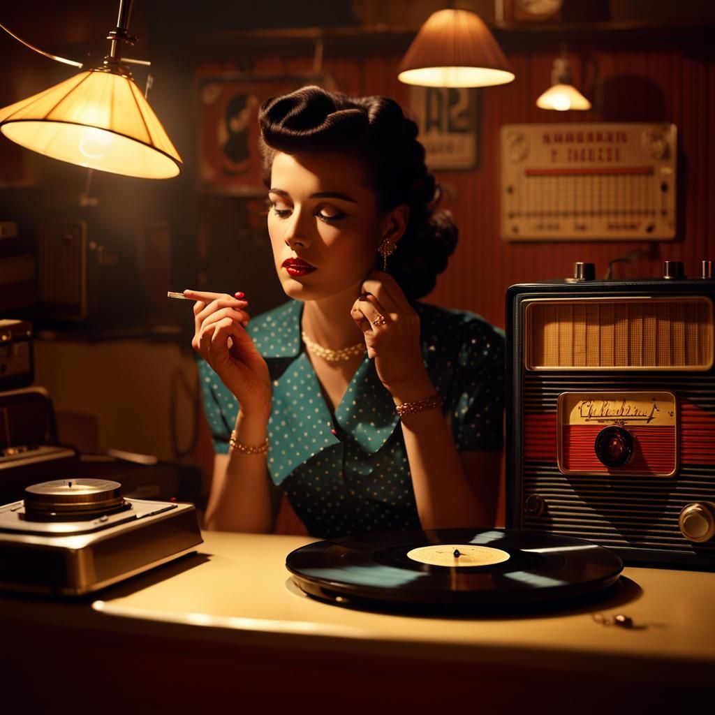 1950s Rockabilly Girl in Radio Station, Cinematic Film Still