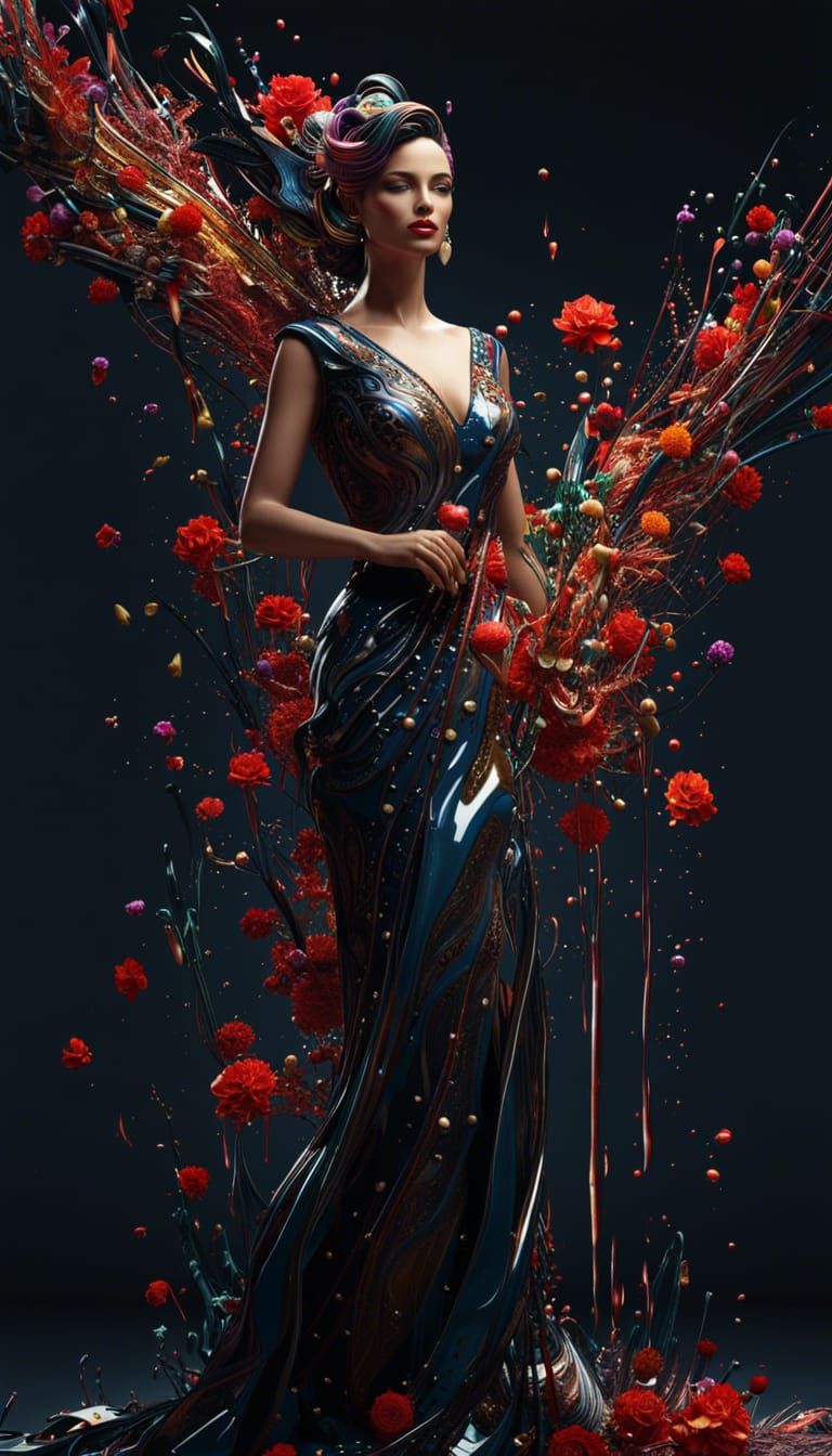 elegant woman in evening gown with flowers in hair, Jackson Pollock, Abstract expressionist, Splashing liquid, Drip tech...