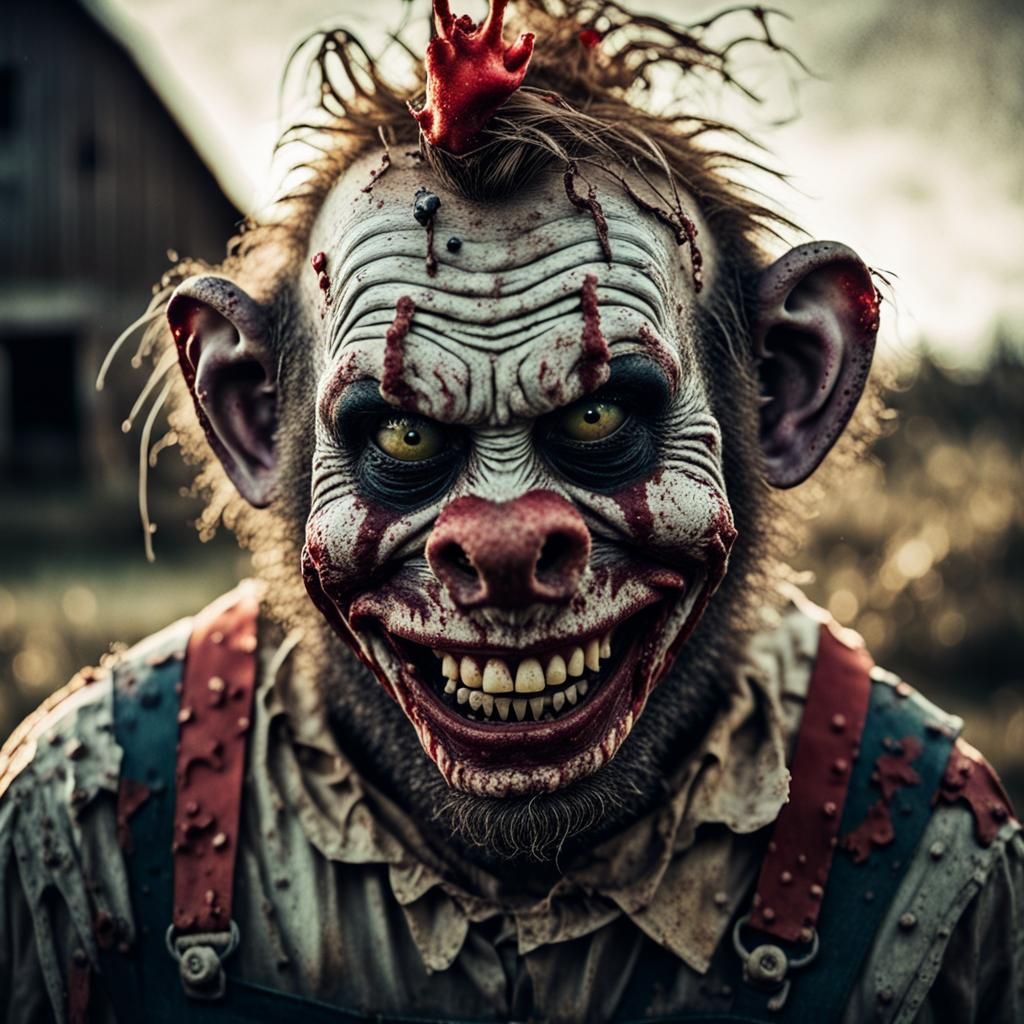 Eerie Grimdark Portrait of a Zombie Clown Farmer
