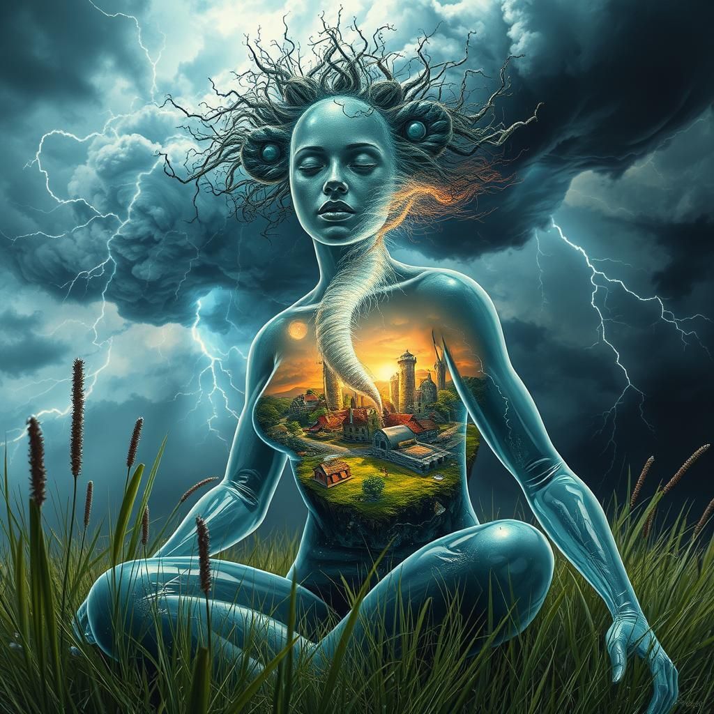 Glass Woman Embodies Storm Over Destroyed Village