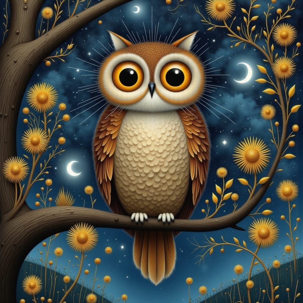 Cute Owl in Tree of Life: Surreal Kintsugi Art