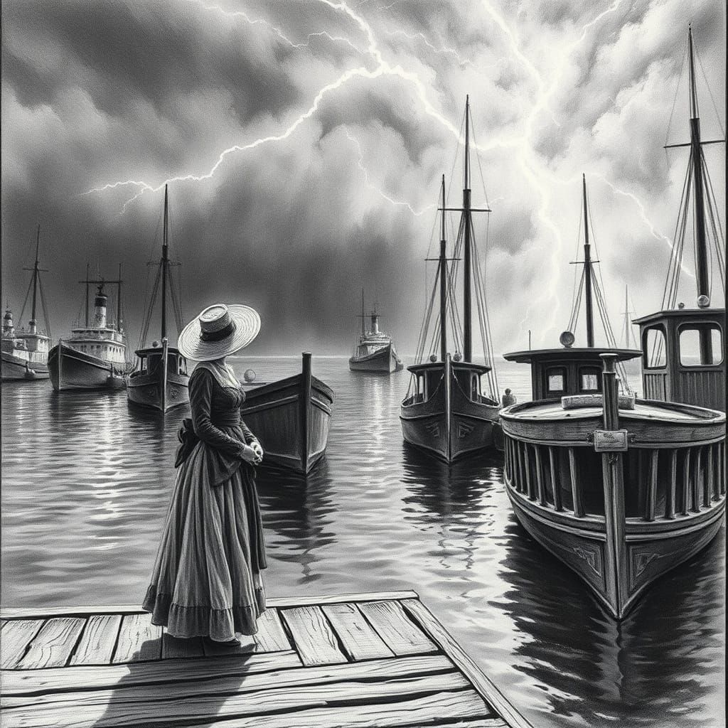 19th Century Harbour on the Mississippi River, Illuminated b...