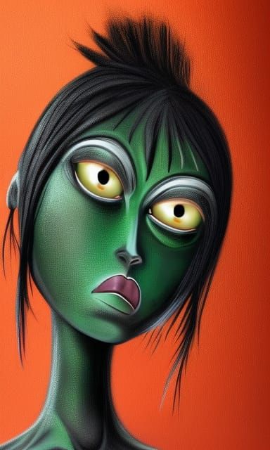 Alien Girl with Green Eyes in Modigliani Style