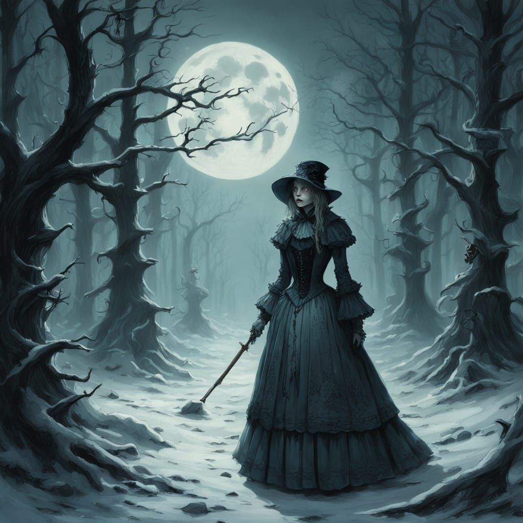 Mysterious Victorian Alice in Dark Wonderland Christmas Scen...