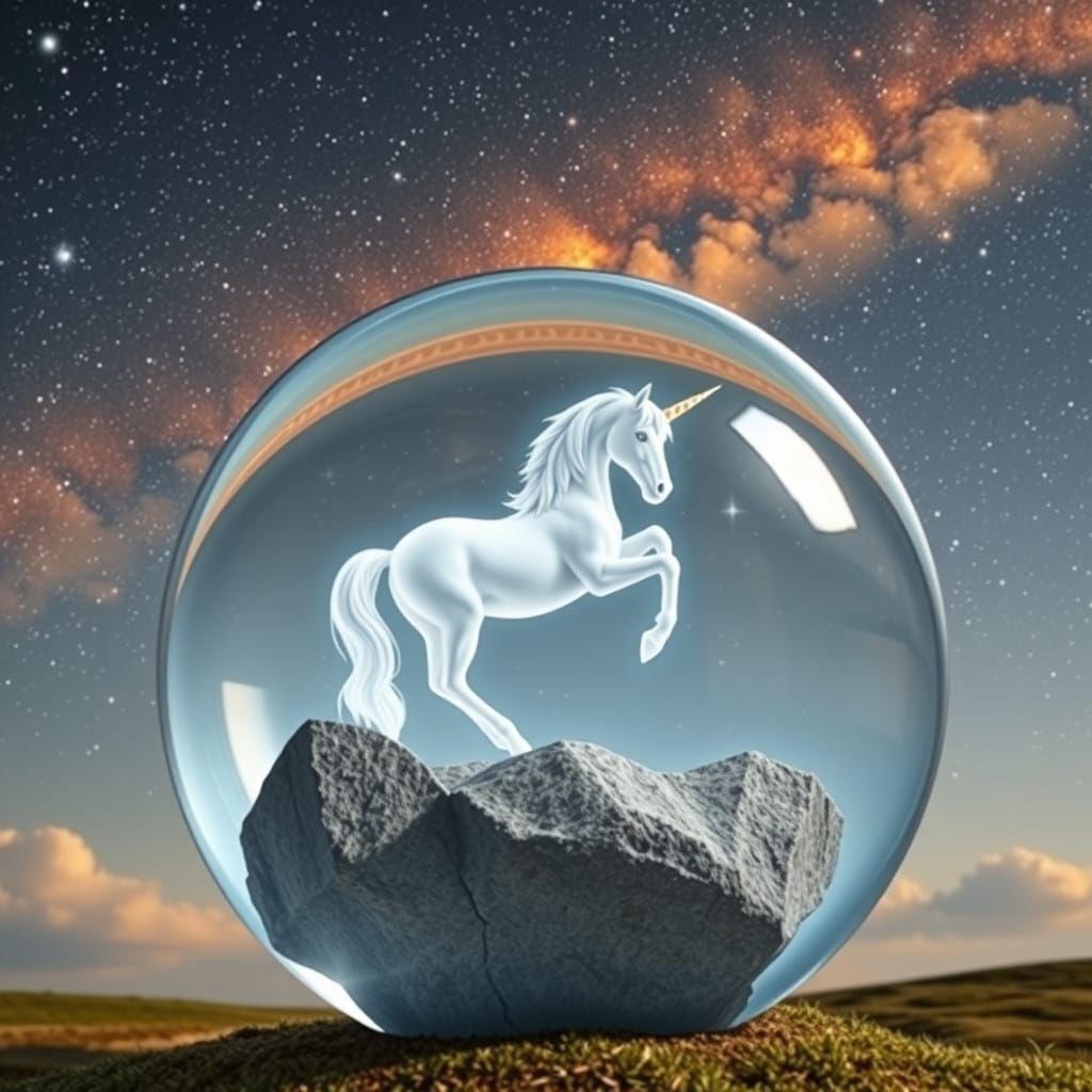 White Unicorn Shines in Crystal Ball against Orange Sky