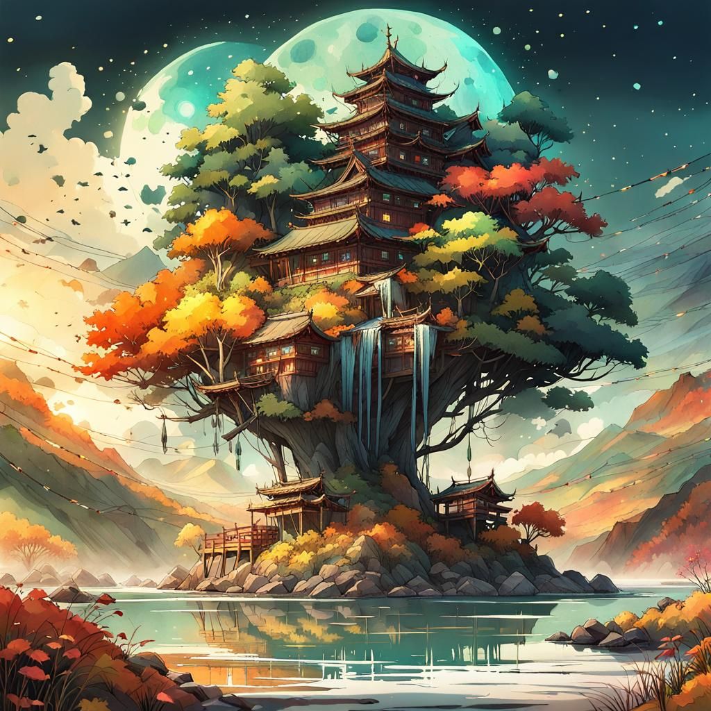 Multi-Seasonal Landscape in Watercolor Style