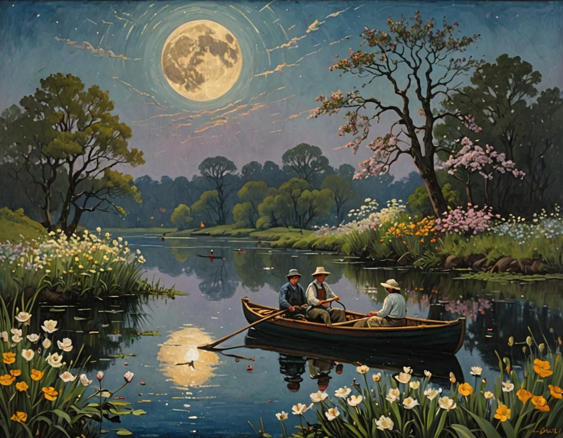 Romantic Spring Evening: Boating Under the Moon