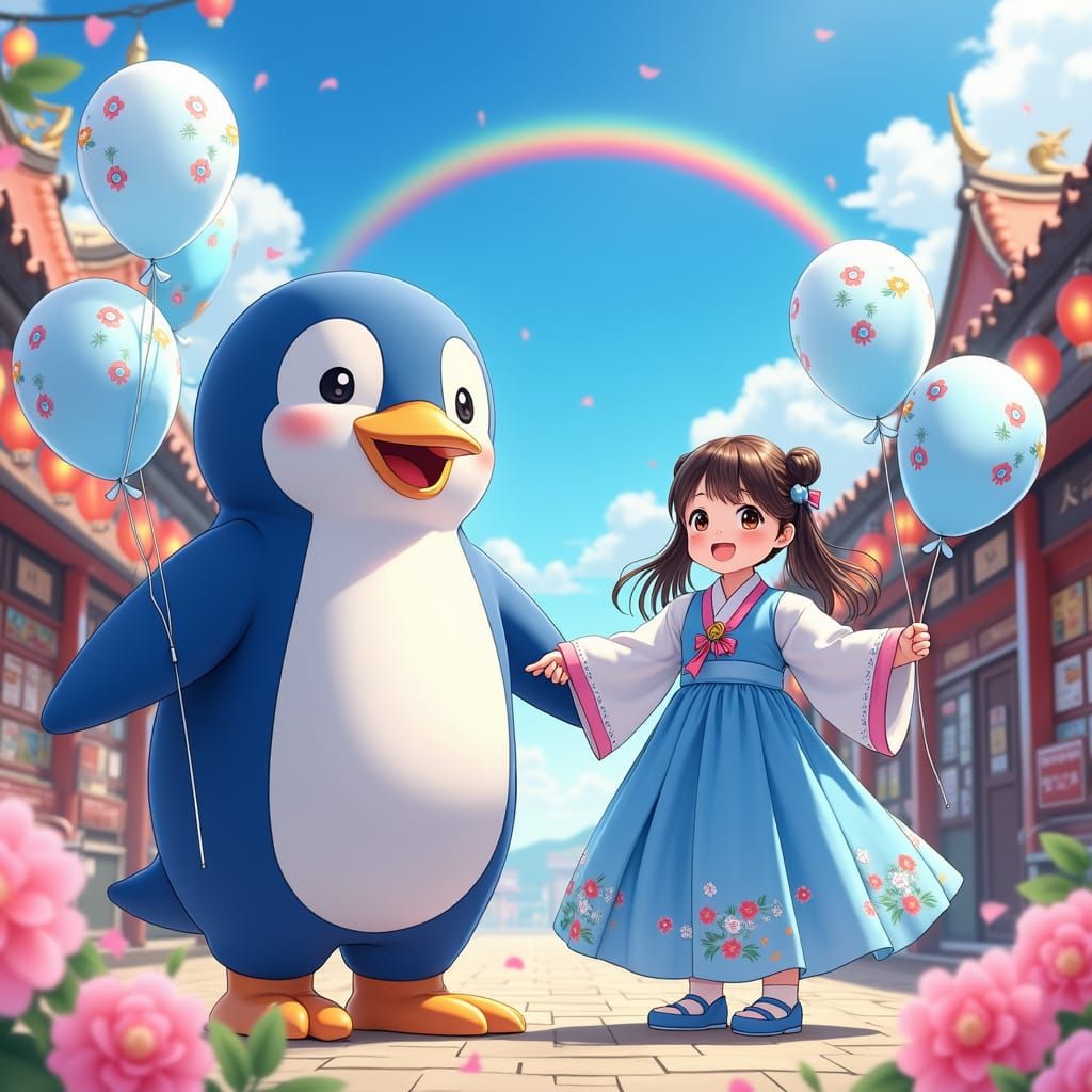 Korean Girl and Penguin at Festival in Anime Style