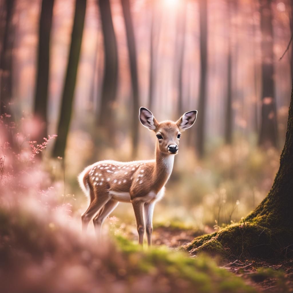 Cute Bambi Deer in Pastel Fairy-Tale Forest