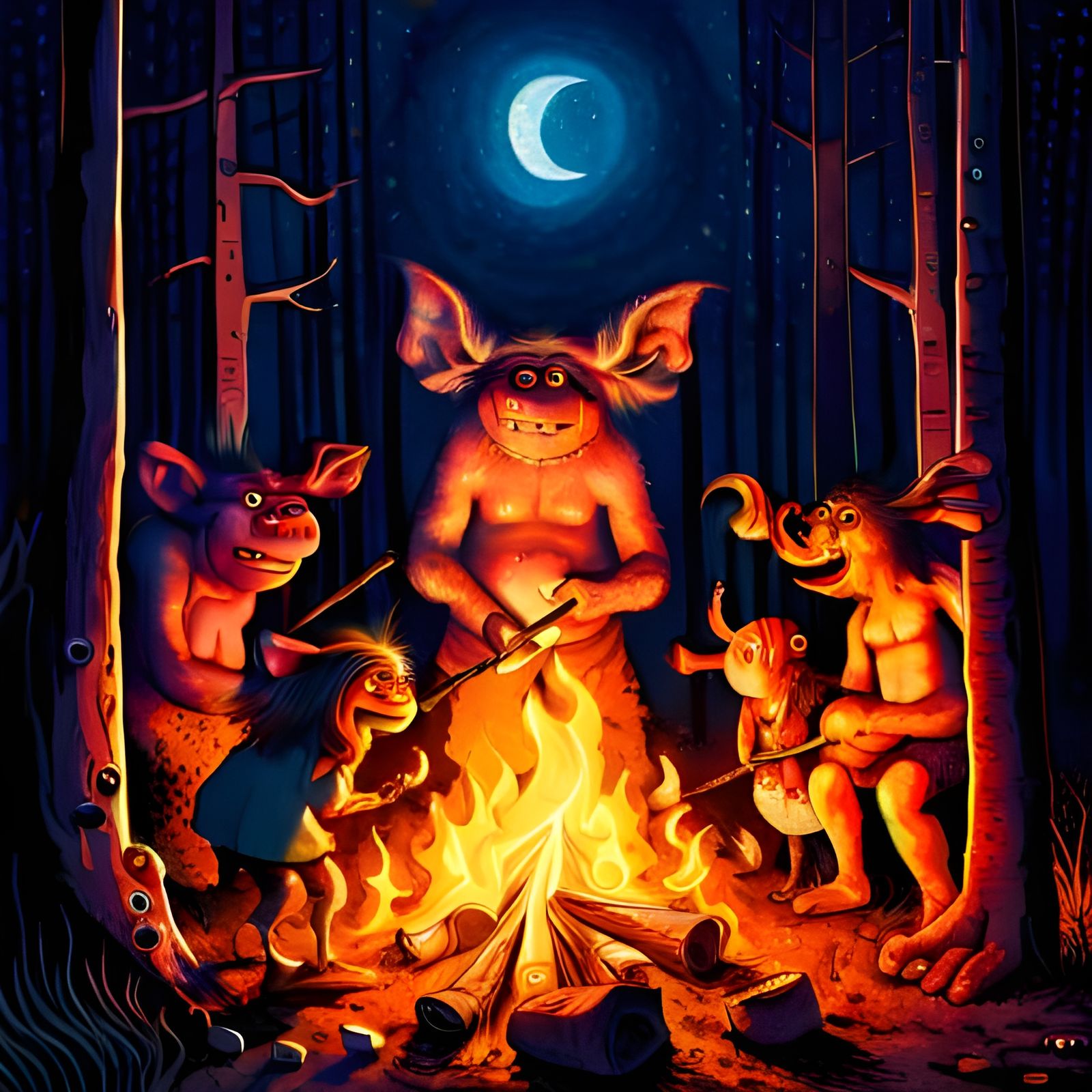 Trolls around a campfire