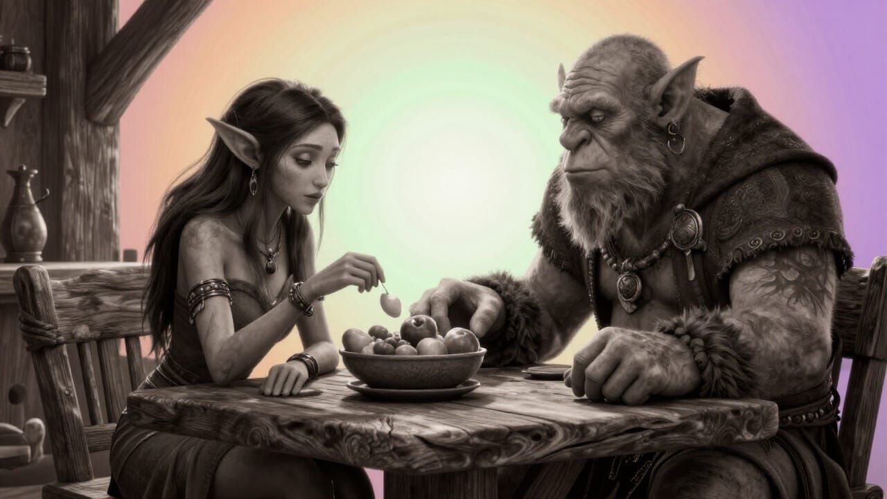 Fantasy Tavern Scene: Goblin and Troll Clerics Enjoying Frui...