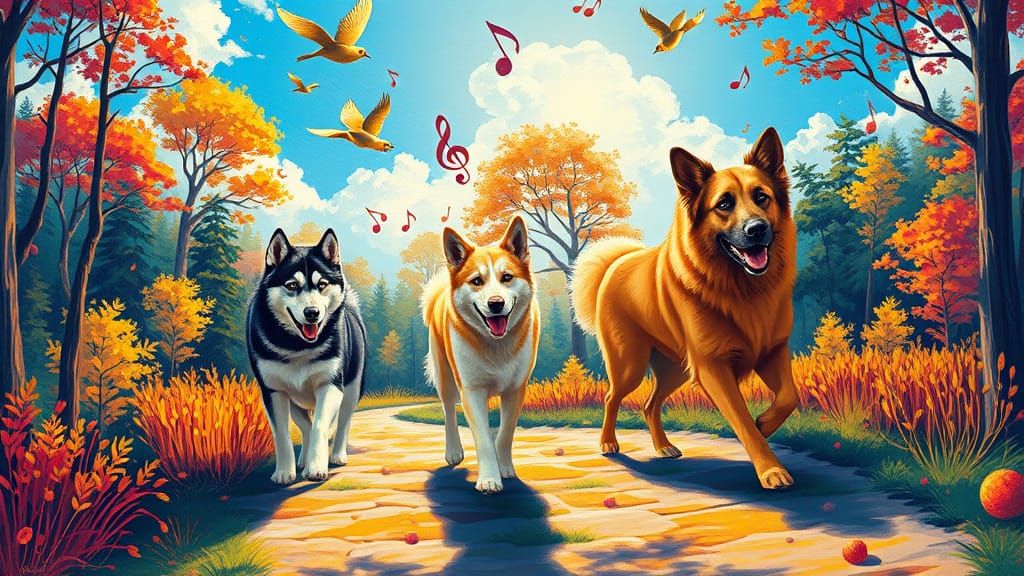 Vibrant Canine Whimsy in a Neo-Impressionist Forest Dreamsca...