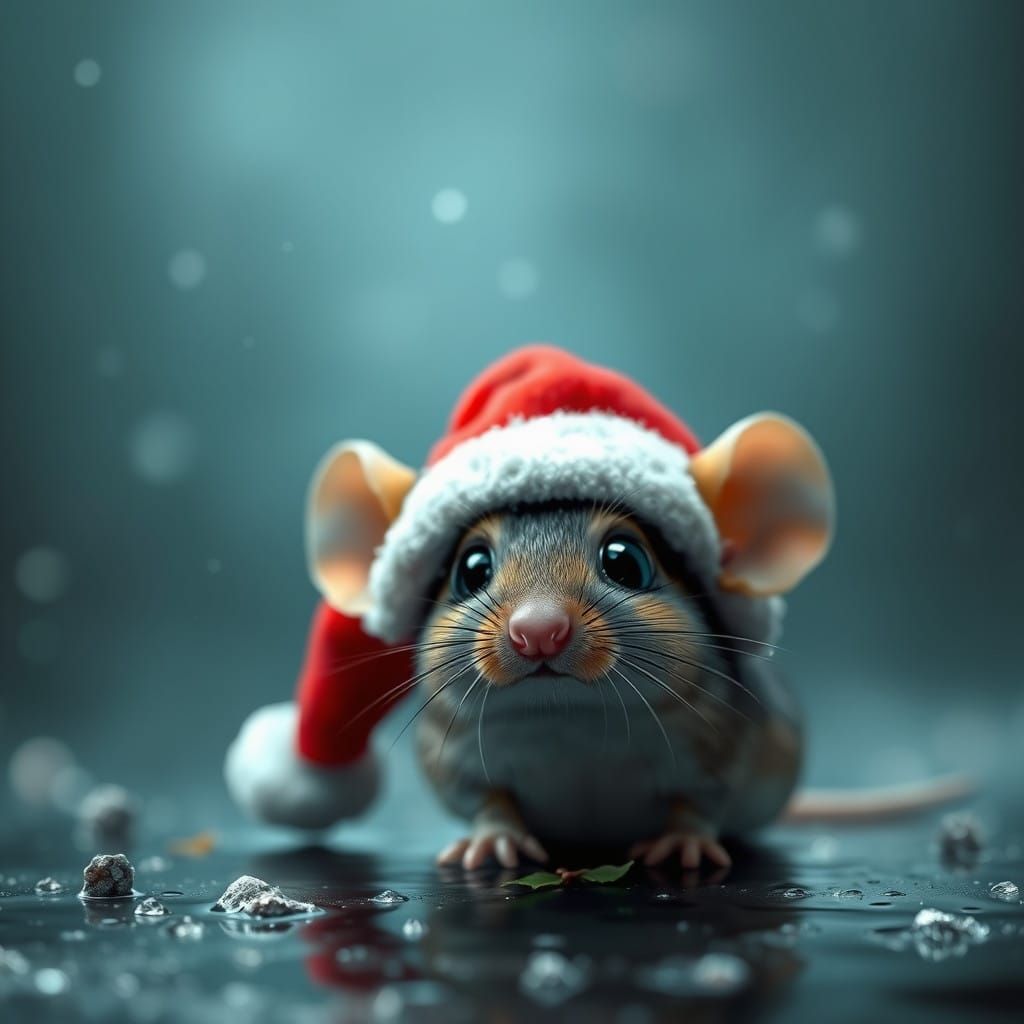 Cute Mouse Peeks Out from beneath Santa Hat in Rainy Scene
