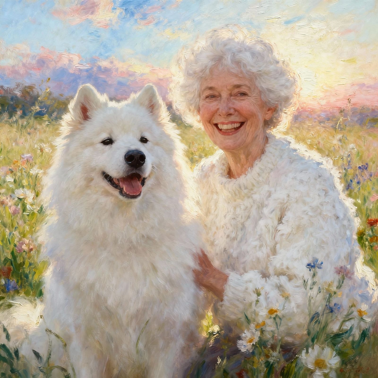 Happy Samoyed Dog and Woman in Wildflower Field