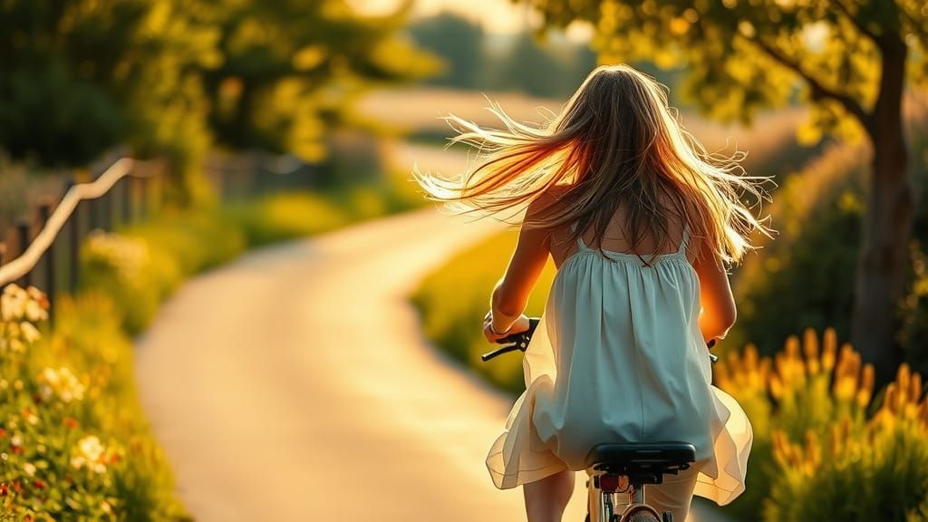 Woman on Bicycle: Watercolor Countryside Scene