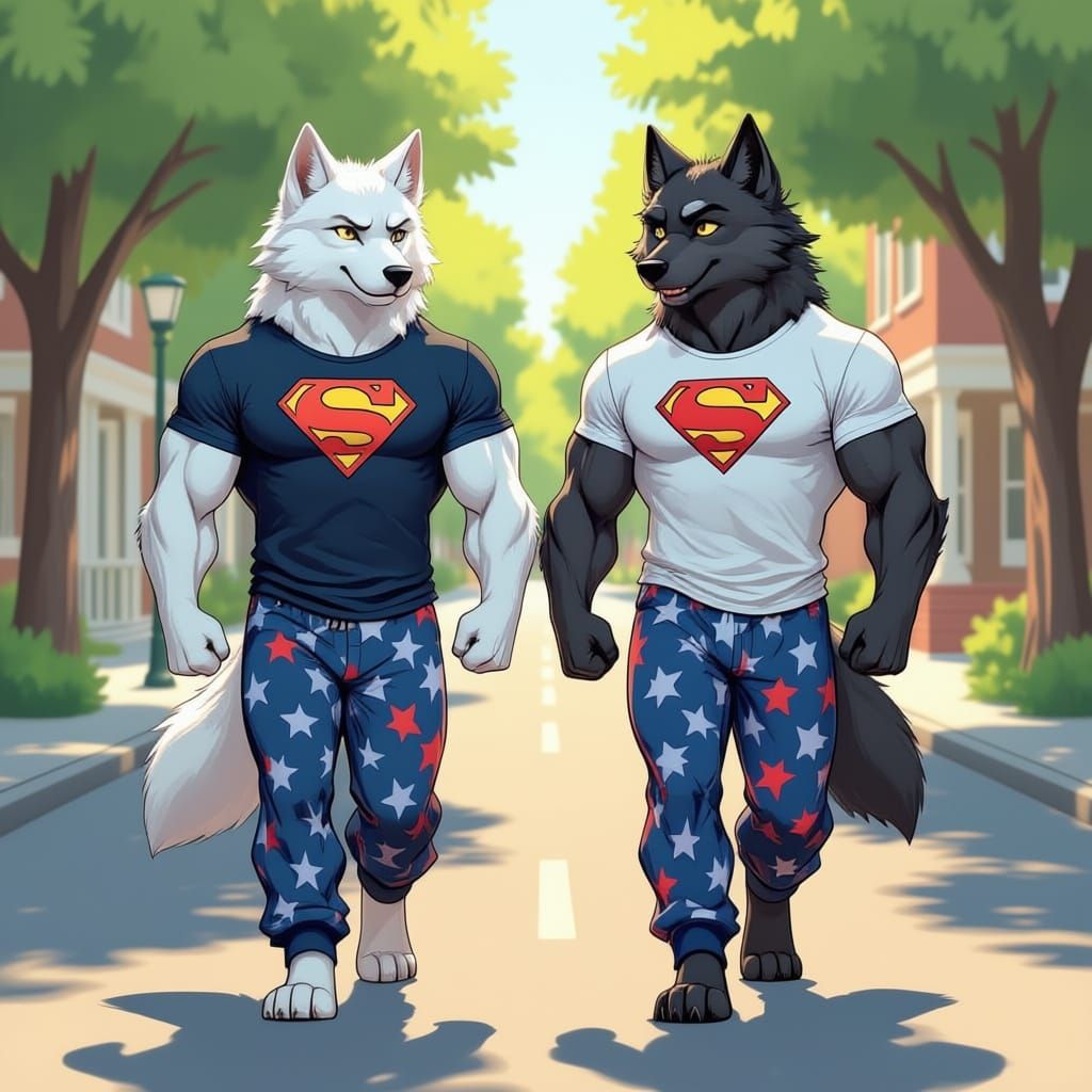 Muscular Wolves in Superhero Pajamas Walk on Summer Morning