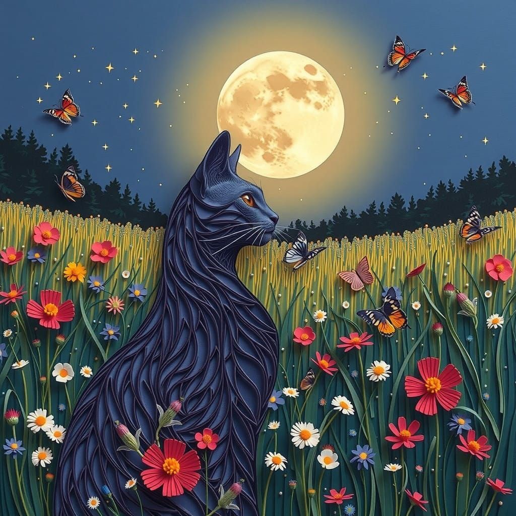 Dreamlike Quilling Collage of Purple Cat Under Starry Night