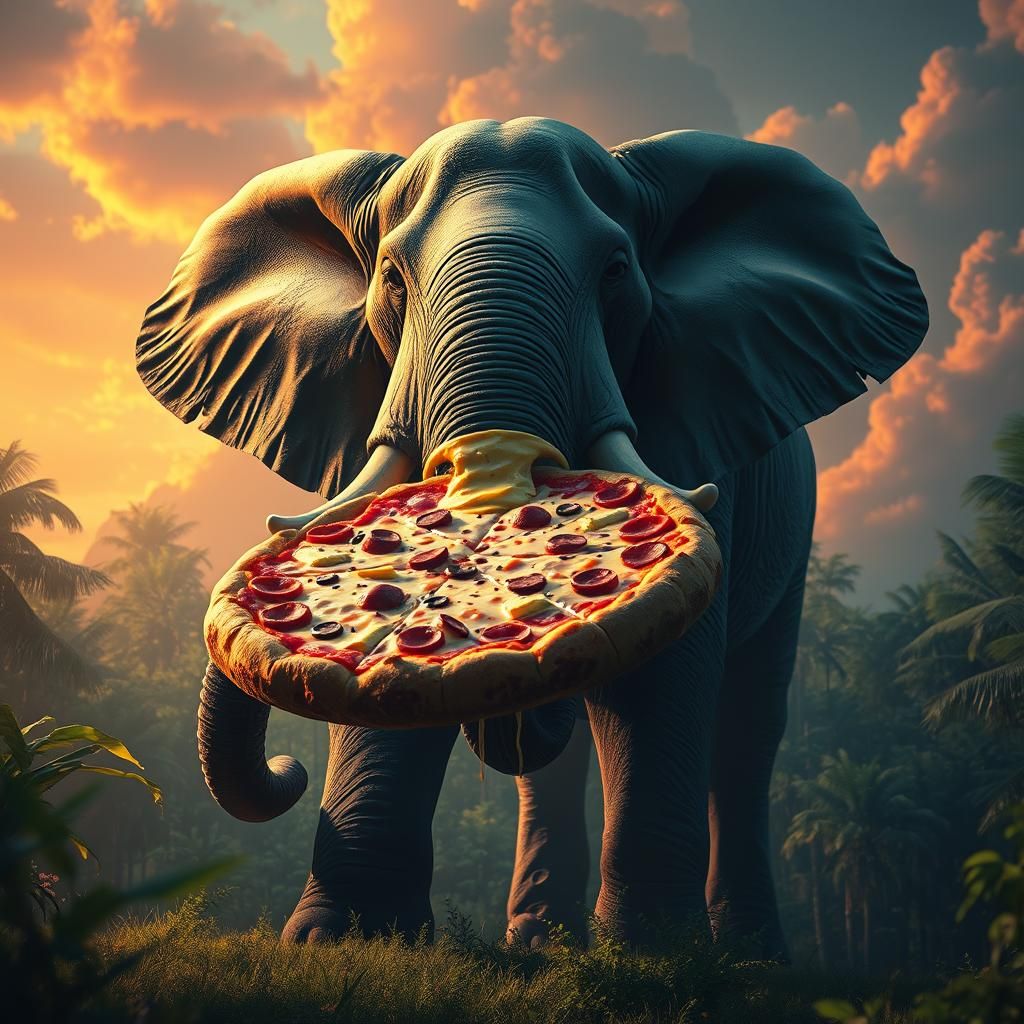 Giant Elephant Eats Pizza in Glowing Jungle