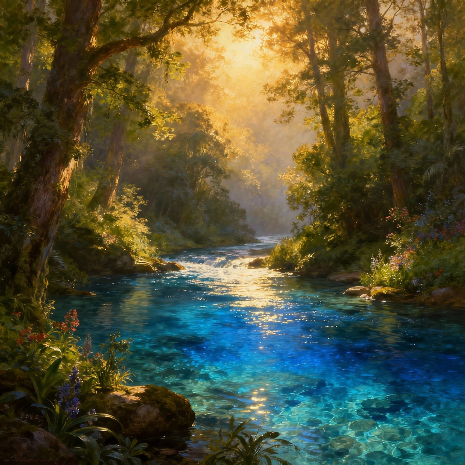 Sapphire River in Lush Forest Digital Painting