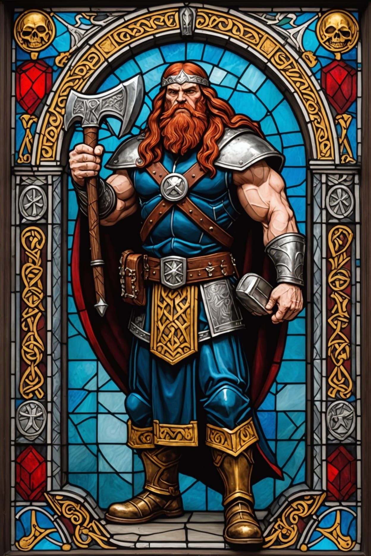 Stained Glass Viking Warrior with Warhammer