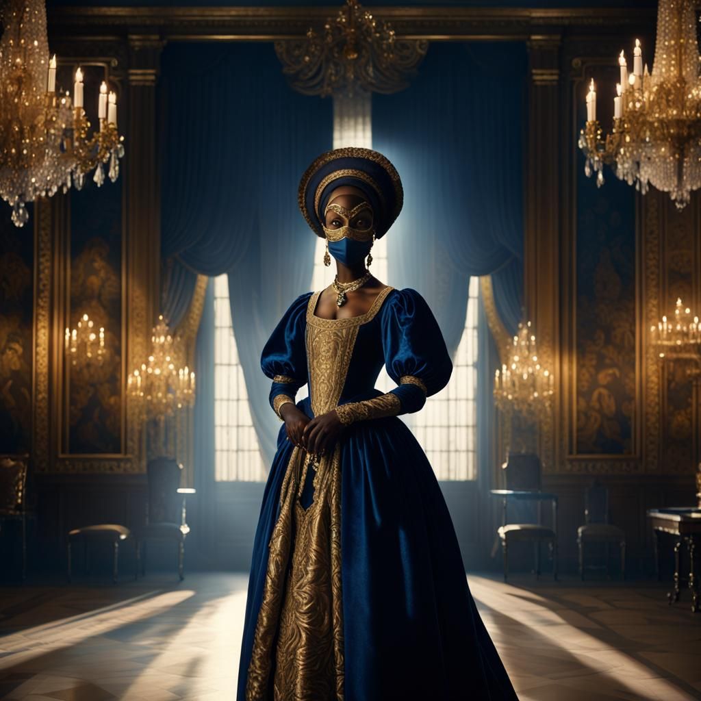 Masked Woman in Ballroom, Baroque Cinematic Style