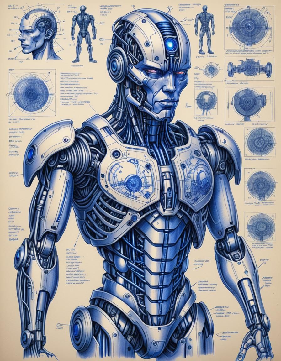 Cyborg Schematic: Detailed Blue Ballpoint Pen Sketch