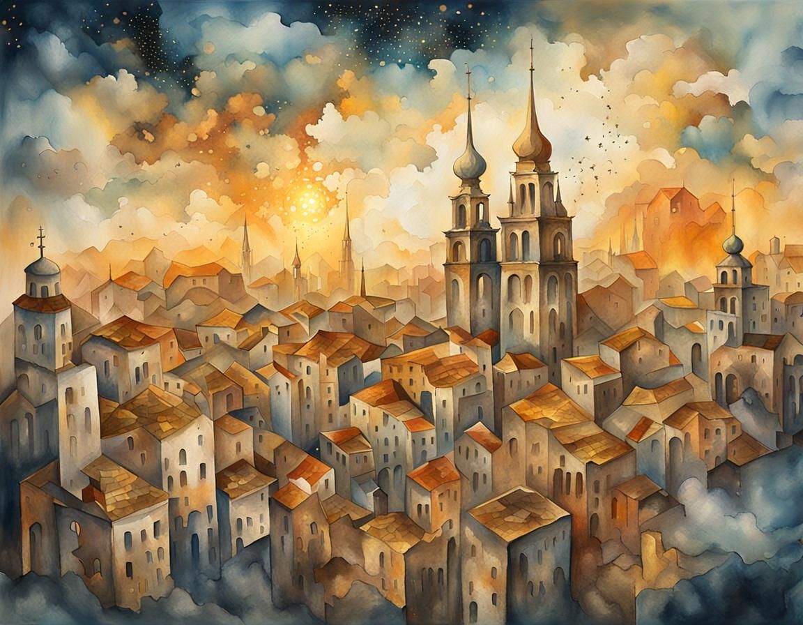 Lost City in Clouds: Oil Painting with Watercolor Sky