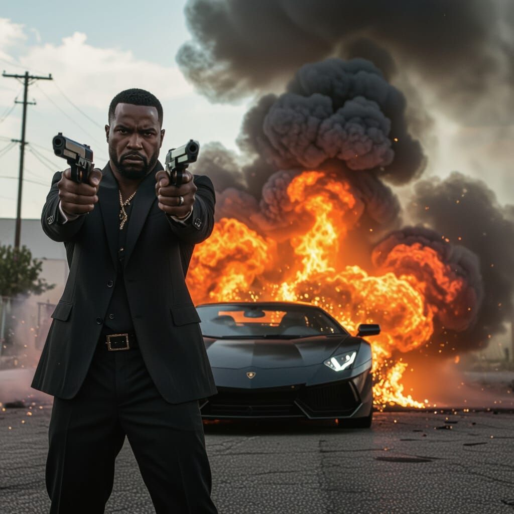 Gangster with Guns Beside Exploded Lamborghini in Fiery Scen...