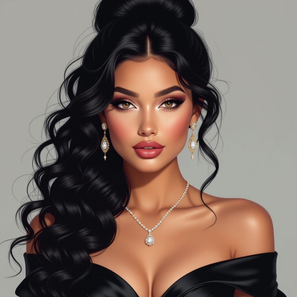 Hyperrealistic Woman Portrait with Curly Hair and Satin Dres...